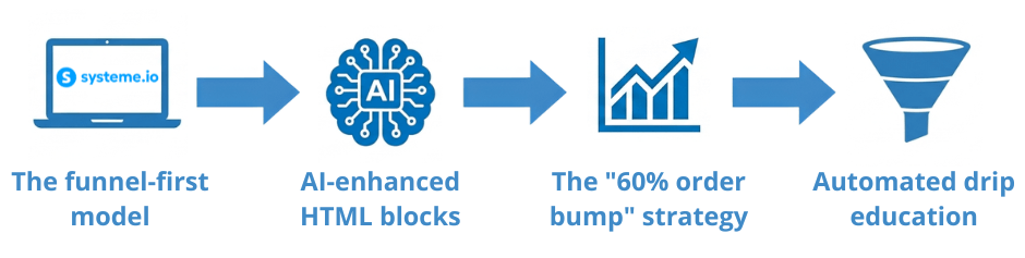 A 4-step marketing strategy blueprint by Mahesh Kumar, showing how to scale a micro-business portfolio using systeme.io's automation