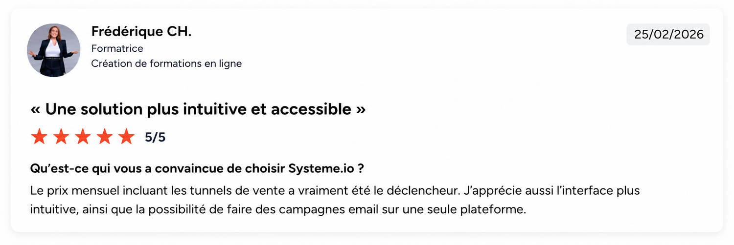 systeme.io customer testimonial with 5-star rating highlighting all-in-one platform for email marketing, sales funnels, and course creation