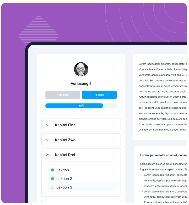 systeme.io online course interface showing lesson navigation, progress tracking, and chapter-based learning content with completion status