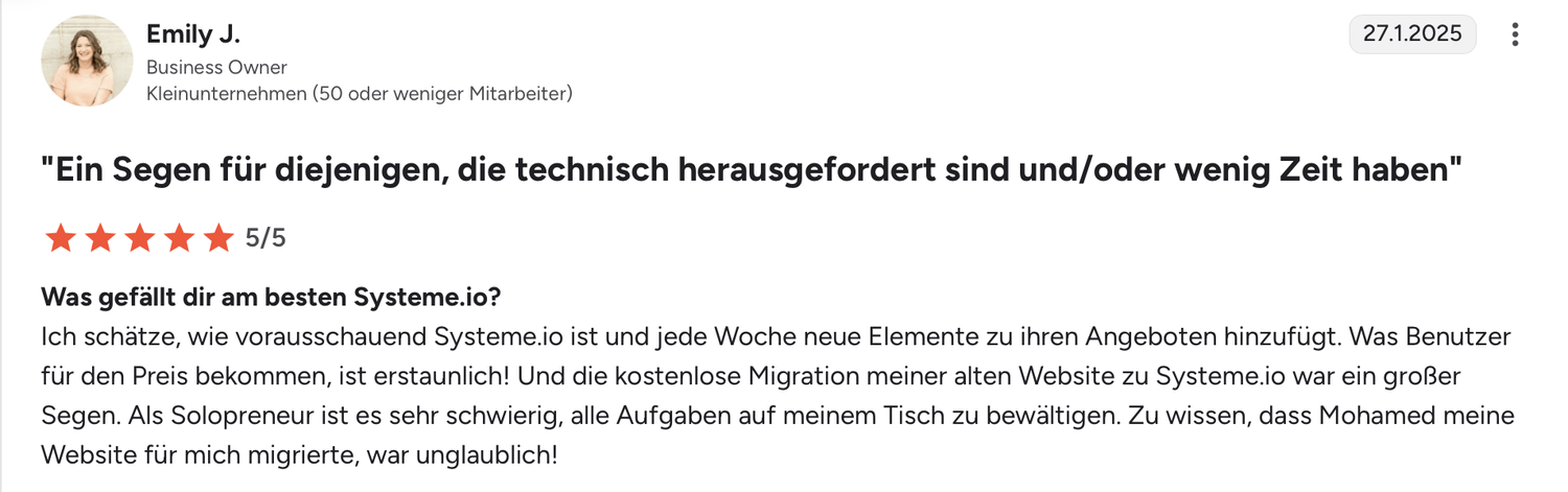 systeme.io customer testimonial with 5-star rating highlighting all-in-one platform for email marketing, sales funnels, and course creation
