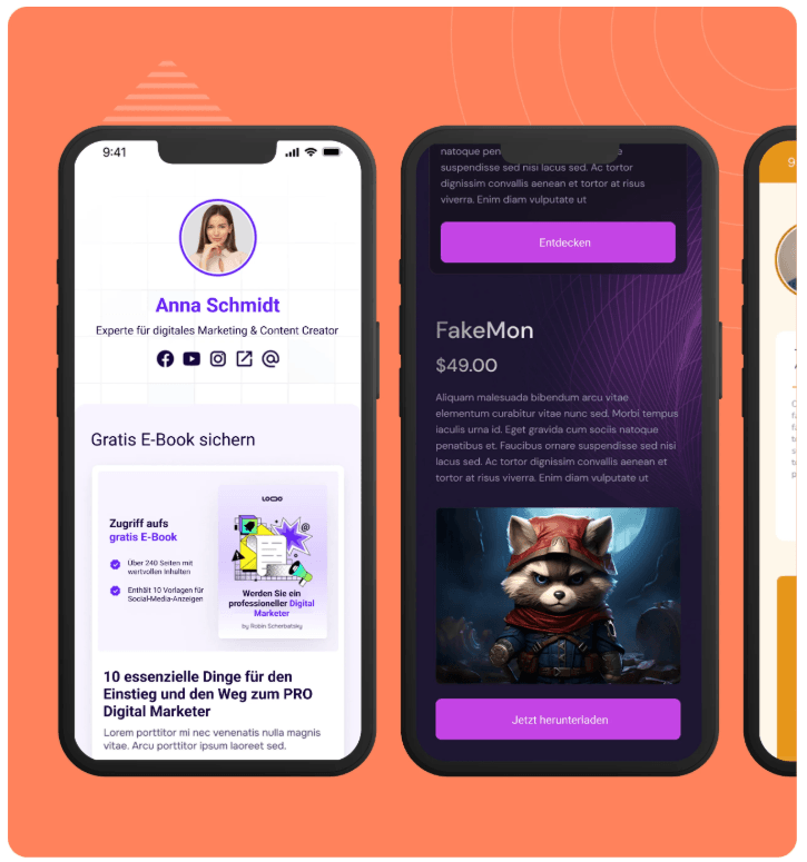 systeme.io website builder showing responsive page editor with desktop and mobile preview, customizable pages, and landing page design interface