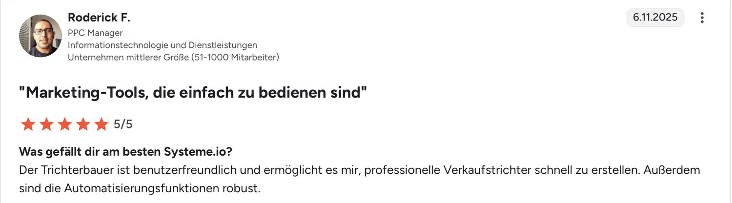 systeme.io customer testimonial with 5-star rating highlighting best value, affordability, and all-in-one business platform benefits