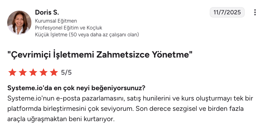 systeme.io customer testimonial with 5-star rating highlighting all-in-one platform for email marketing, sales funnels, and course creation