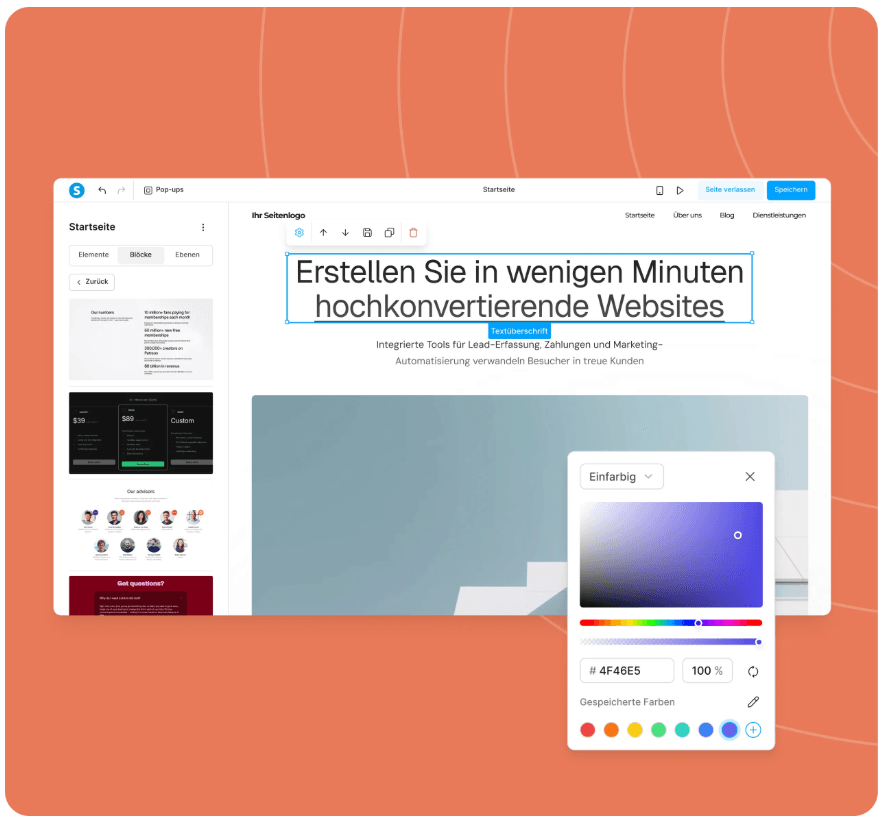 systeme.io website builder editor showing a homepage template with drag-and-drop blocks