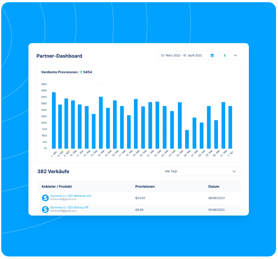 systeme.io affiliate program dashboard showing affiliate links, commissions, and referral tracking