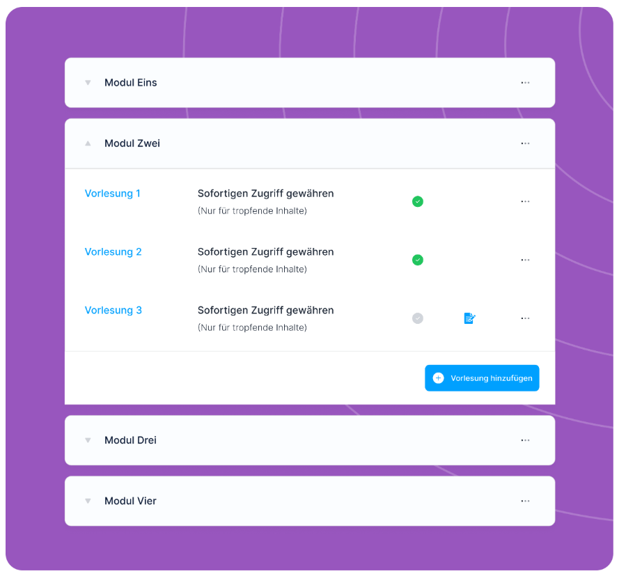 systeme.io course builder showing module list, video lesson, and student enrollment count