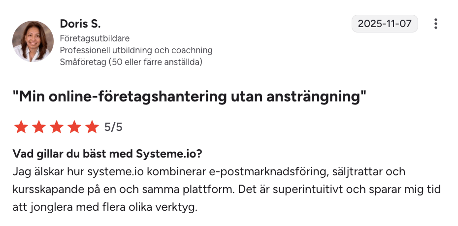 systeme.io customer testimonial with 5-star rating highlighting all-in-one platform for email marketing, sales funnels, and course creation