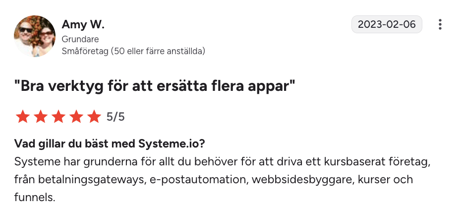systeme.io customer testimonial with 5-star rating highlighting best value, affordability, and all-in-one business platform benefits