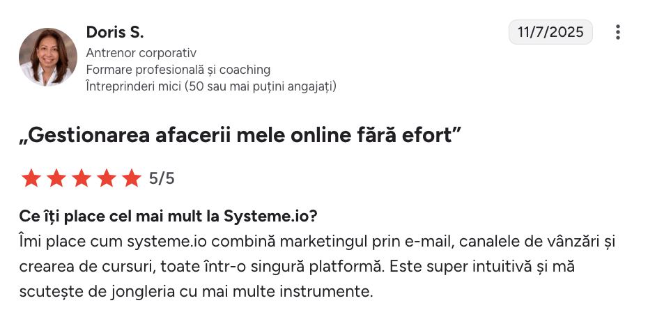 systeme.io customer testimonial with 5-star rating highlighting all-in-one platform for email marketing, sales funnels, and course creation