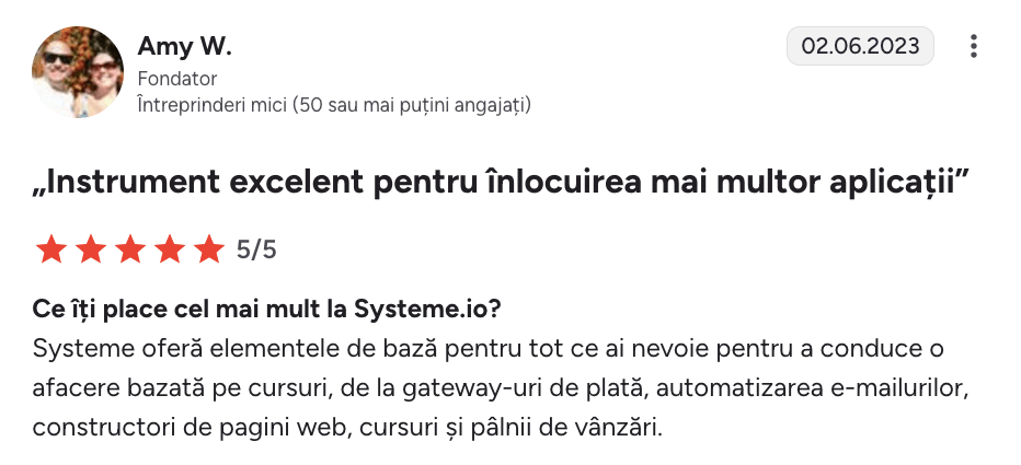 systeme.io customer testimonial with 5-star rating highlighting best value, affordability, and all-in-one business platform benefits