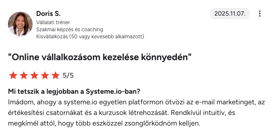 systeme.io customer testimonial with 5-star rating highlighting all-in-one platform for email marketing, sales funnels, and course creation