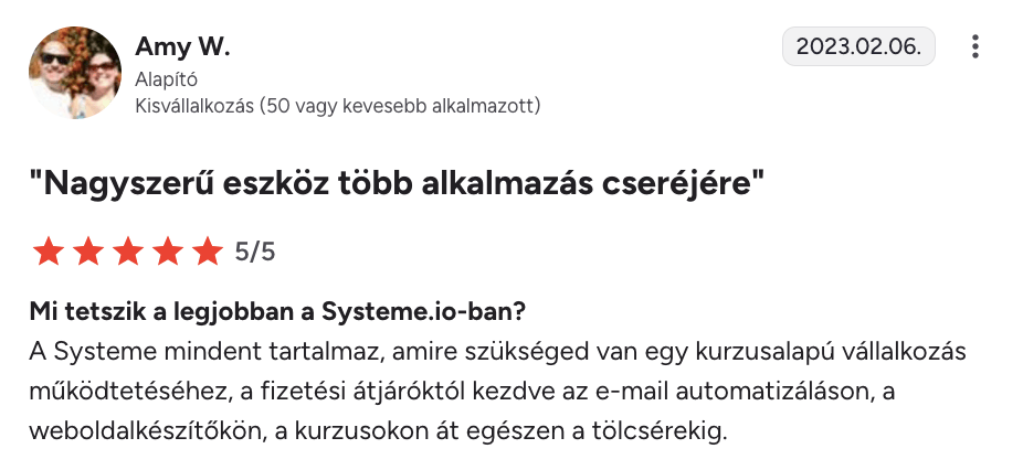 systeme.io customer testimonial with 5-star rating highlighting best value, affordability, and all-in-one business platform benefits