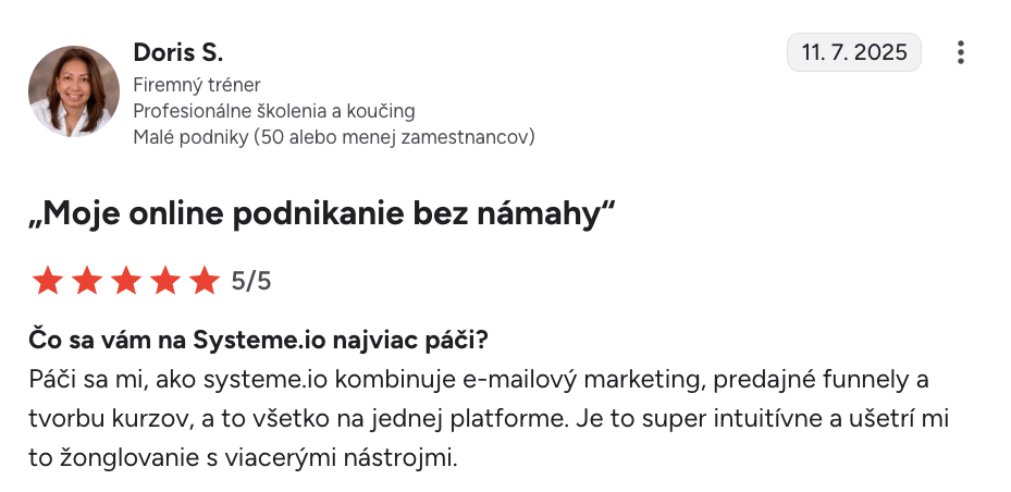 systeme.io customer testimonial with 5-star rating highlighting all-in-one platform for email marketing, sales funnels, and course creation