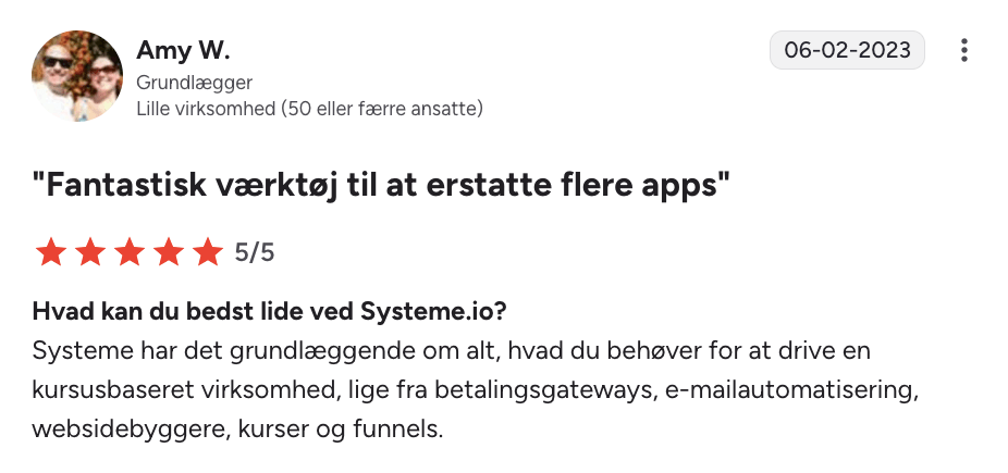 systeme.io customer testimonial with 5-star rating highlighting best value, affordability, and all-in-one business platform benefits