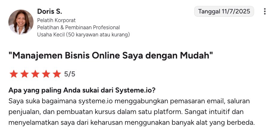 systeme.io customer testimonial with 5-star rating highlighting all-in-one platform for email marketing, sales funnels, and course creation