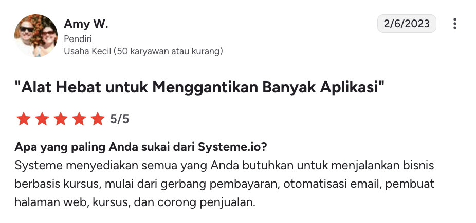 systeme.io customer testimonial with 5-star rating highlighting best value, affordability, and all-in-one business platform benefits