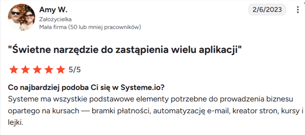 systeme.io customer testimonial with 5-star rating highlighting best value, affordability, and all-in-one business platform benefits