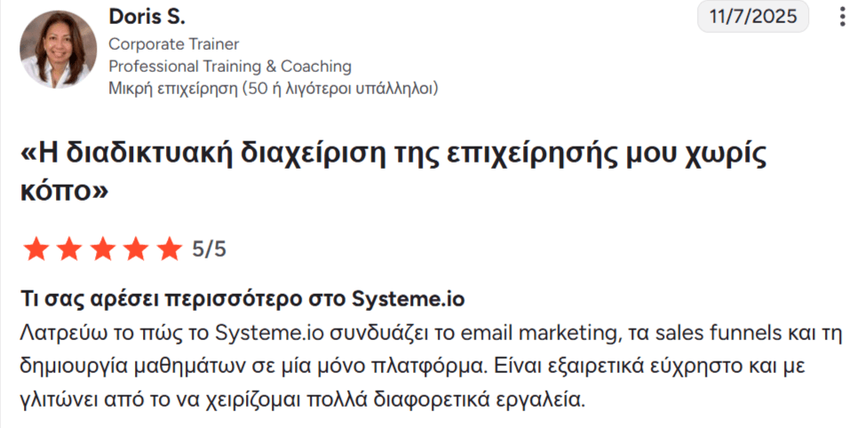 systeme.io customer testimonial with 5-star rating highlighting all-in-one platform for email marketing, sales funnels, and course creation