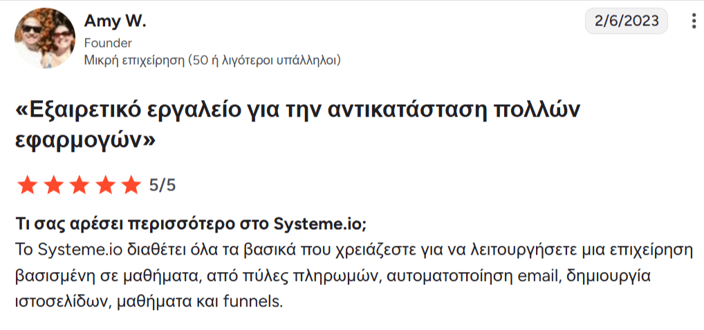 systeme.io customer testimonial with 5-star rating highlighting best value, affordability, and all-in-one business platform benefits