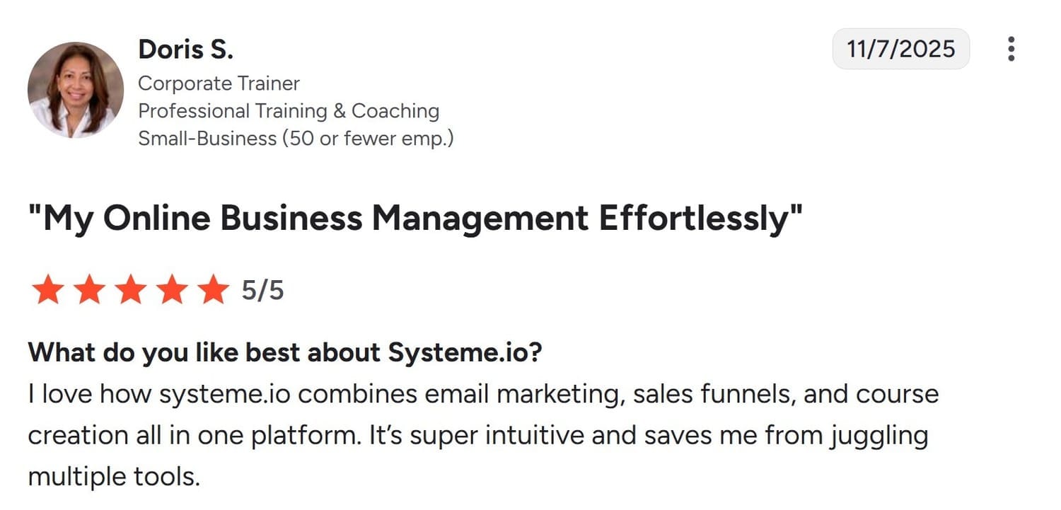 systeme.io customer testimonial with 5-star rating highlighting all-in-one platform for email marketing, sales funnels, and course creation
