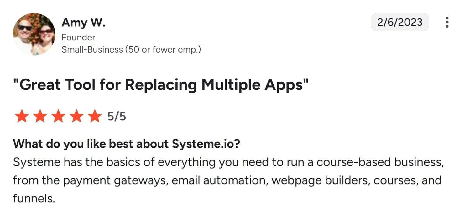 systeme.io customer testimonial with 5-star rating highlighting best value, affordability, and all-in-one business platform benefits