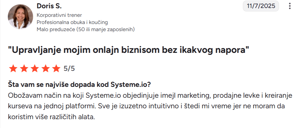 systeme.io customer testimonial with 5-star rating highlighting all-in-one platform for email marketing, sales funnels, and course creation