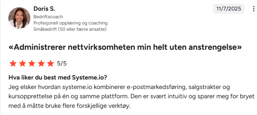 systeme.io customer testimonial with 5-star rating highlighting all-in-one platform for email marketing, sales funnels, and course creation