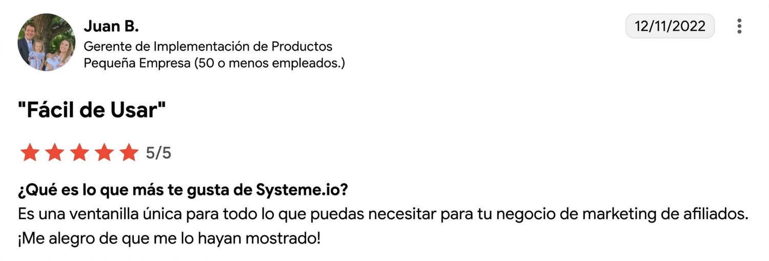 systeme.io customer testimonial with 5-star rating highlighting ease of use and all-in-one affiliate marketing platform for small businesses