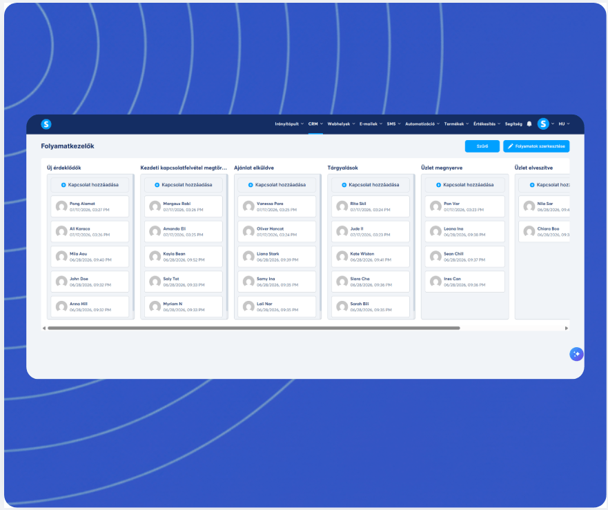 systeme.io CRM pipeline Kanban board showing deal stages and contact cards