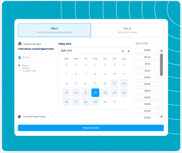 systeme.io booking calendar showing weekly availability and appointment booking page