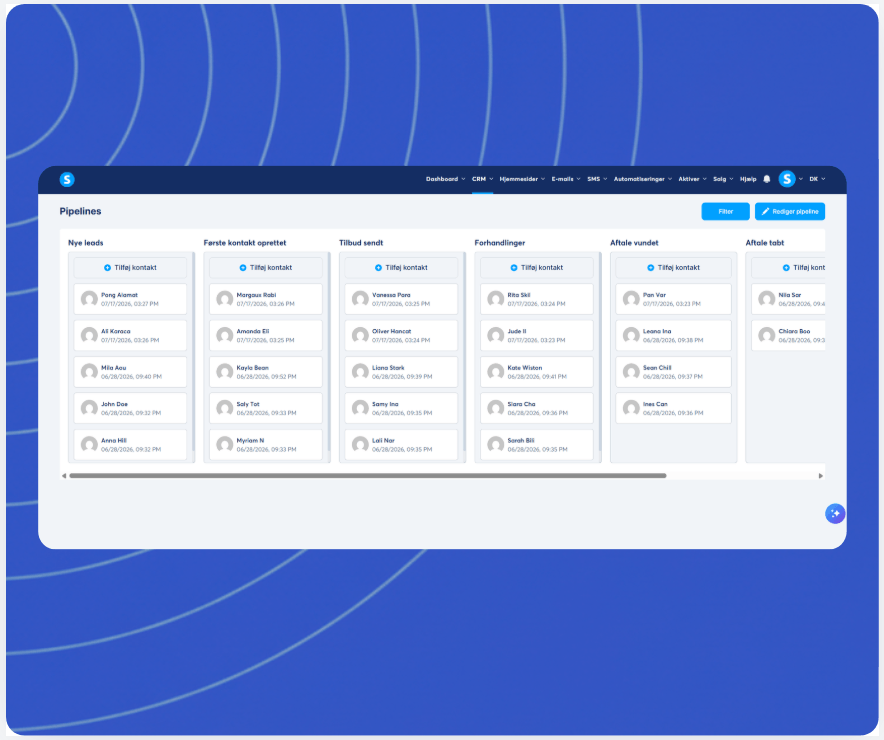 systeme.io CRM pipeline Kanban board showing deal stages and contact cards