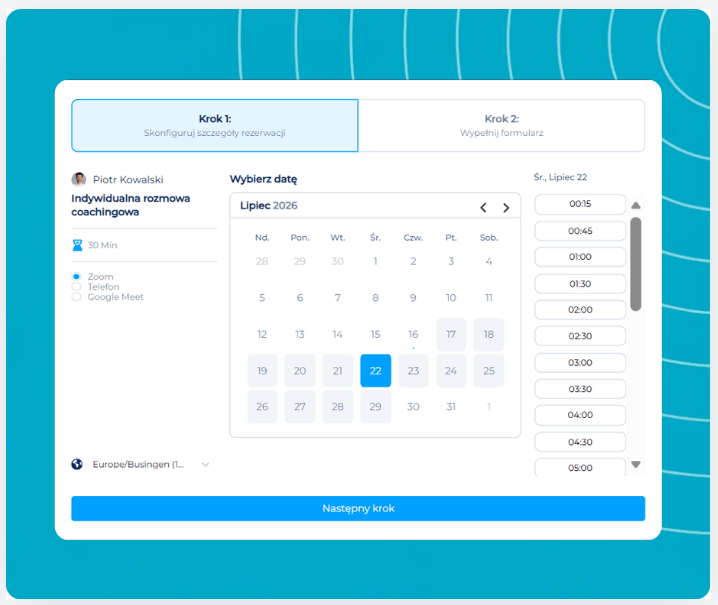 systeme.io booking calendar showing weekly availability and appointment booking page