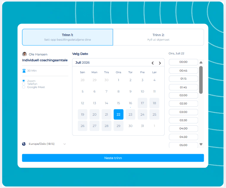 systeme.io booking calendar showing weekly availability and appointment booking page