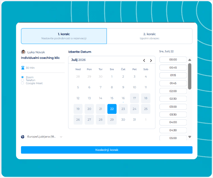 systeme.io booking calendar showing weekly availability and appointment booking page