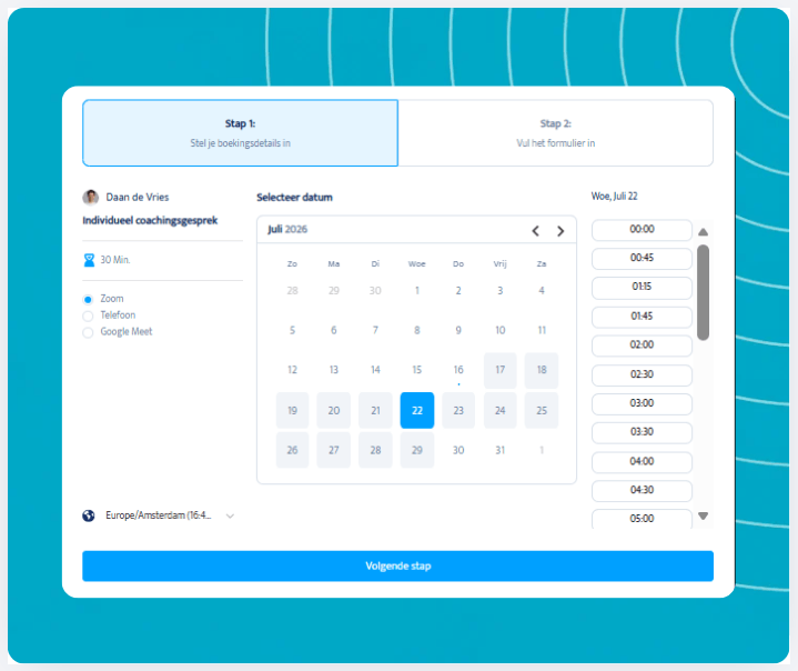 systeme.io booking calendar showing weekly availability and appointment booking page
