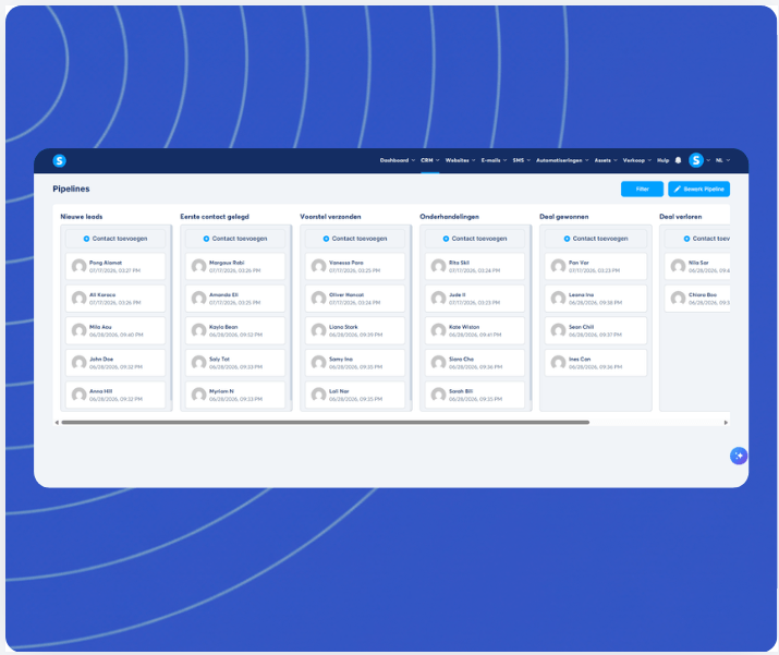 systeme.io CRM pipeline Kanban board showing deal stages and contact cards