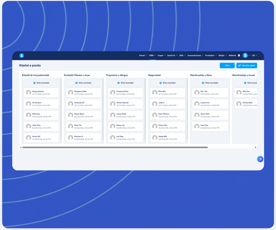 systeme.io CRM pipeline Kanban board showing deal stages and contact cards
