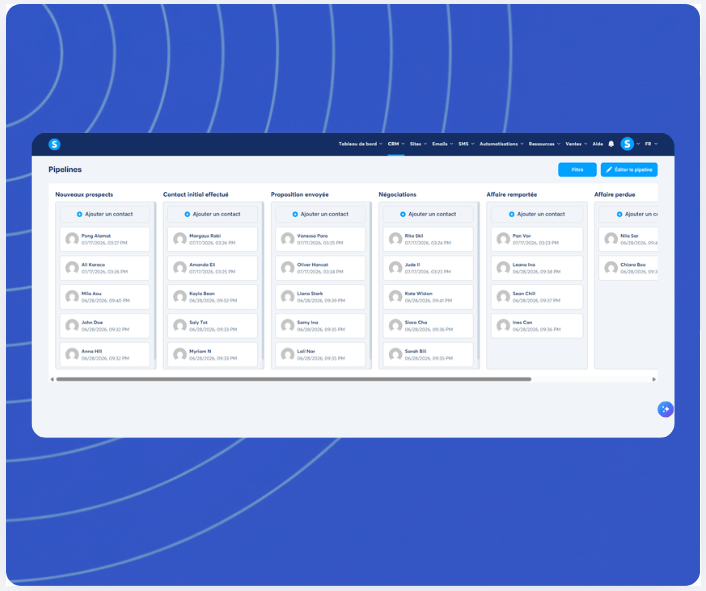 systeme.io CRM pipeline Kanban board showing deal stages and contact cards