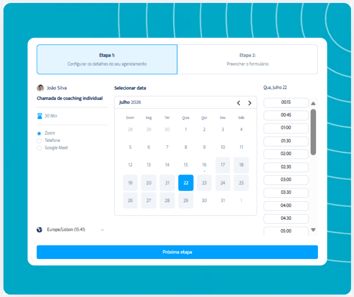 systeme.io booking calendar showing weekly availability and appointment booking page