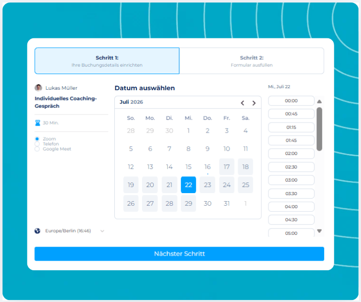systeme.io booking calendar showing weekly availability and appointment booking page