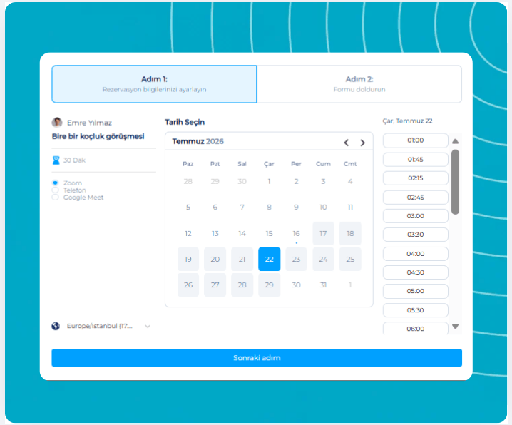 systeme.io booking calendar showing weekly availability and appointment booking page