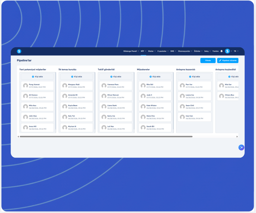 systeme.io CRM pipeline Kanban board showing deal stages and contact cards