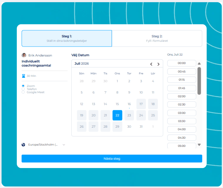 systeme.io booking calendar showing weekly availability and appointment booking page