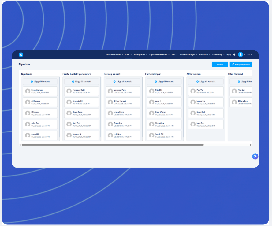systeme.io CRM pipeline Kanban board showing deal stages and contact cards