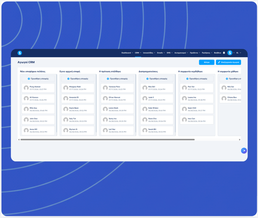 systeme.io CRM pipeline Kanban board showing deal stages and contact cards