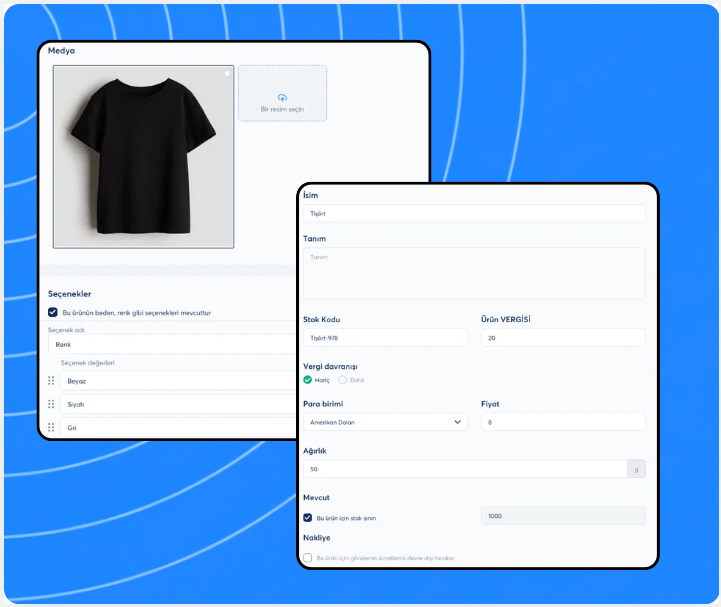 Product creation and configuration panel in systeme.io showing media upload, product options, pricing, inventory, and shipping settings.