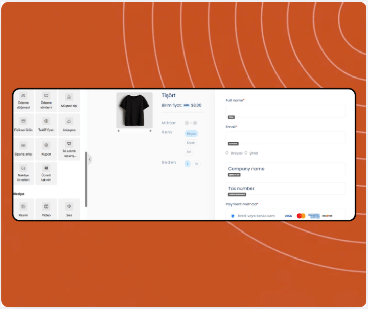 Checkout page builder in systeme.io displaying product selection, coupon field, payment options, and drag-and-drop payment elements panel.