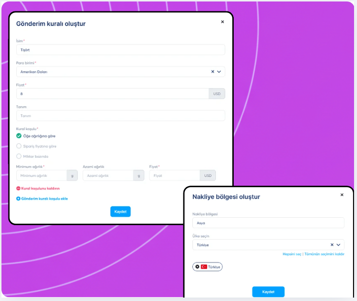 Shipping configuration interface in systeme.io showing creation of shipping rules based on conditions and setup of shipping zones with selected countries.