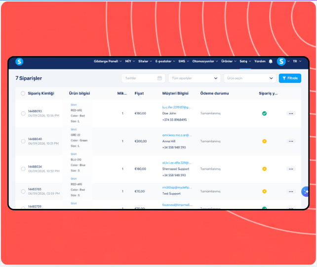 Orders management dashboard in systeme.io displaying order list with product details, customer information, payment status, and fulfillment tracking.