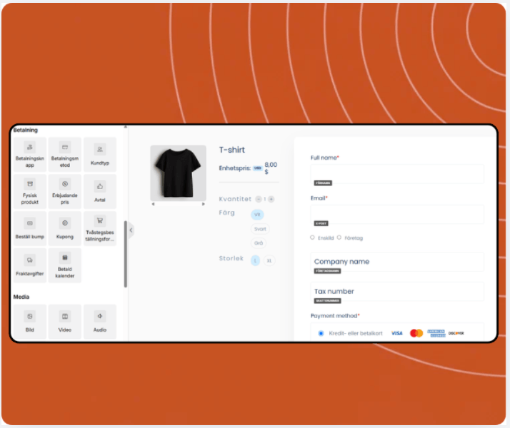 Checkout page builder in systeme.io displaying product selection, coupon field, payment options, and drag-and-drop payment elements panel.